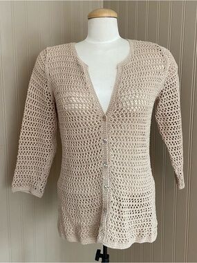 Eddie Bauer 100% Cotton Taupe Open-Knit Crochet Cardigan Women’s Medium